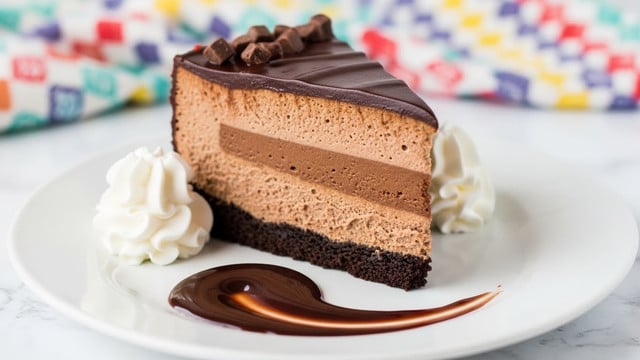 A thick slice of chocolate cheesecake with two visible layers, a dense, creamy dark brown middle layer and a slightly darker chocolate crust on the bottom and sides, topped with a smooth layer of chocolate frosting sprinkled with small chocolate shavings. The slice is placed on a white plate with a yellow rim and red swirl designs. On the plate, there are two dollops of white whipped cream on each side of the cake, and a drizzle of dark chocolate sauce forming two lines with a teardrop shape near the slice. The background is a white marbled texture. photo taken with an iphone --ar 4:5 --v 7