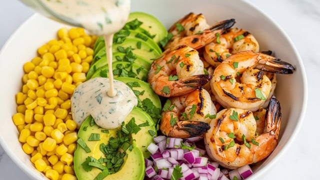 A white bowl holds a colorful shrimp bowl with four main layers arranged side by side: bright yellow corn kernels on the left, three slices of green avocado topped with chopped herbs next to the corn, a pile of grilled shrimp with char marks and sprinkled herbs in the center and right, and a mix of chopped red onions and green herbs at the bottom right. A thick, creamy light sauce with green herbs is being poured over the shrimp from above, while the white marbled surface is visible in the background. photo taken with an iphone --ar 4:5 --v 7