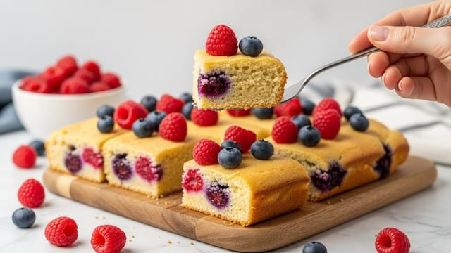 The image shows a square piece of light golden cake being lifted with a silver fork held by a woman's hand. The cake has one layer with a soft, crumbly texture, and is dotted with whole blueberries and raspberries inside and on top. The cake sits on a wooden cutting board with more cut pieces visible, each topped with vibrant red raspberries and deep blue blueberries. Scattered raspberries rest on the white marbled surface around the board, and a bowl filled with raspberries sits blurred in the background. photo taken with an iphone --ar 4:5 --v 7