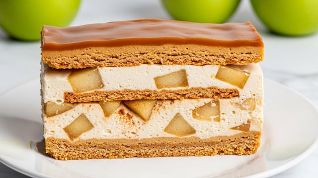 A slice of layered dessert sits on a white plate with a white marbled surface background. The dessert has four visible layers: the bottom layer is a light brown, crumbly crust, above it is a thick cream colored filling mixed with small pieces of soft, caramelized apple chunks and some cinnamon color spots, then there is a thin, rough textured crispy layer similar to a biscuit, topped by a smooth, glossy caramel layer that covers the entire top. The creamy filling slightly spills over the edges. Green apples are blurred in the background. Photo taken with an iphone --ar 4:5 --v 7