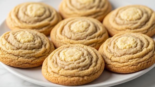 A close-up of seven soft, round cookies arranged on a white plate, each cookie showing a golden-brown edge with a slightly lighter, almost creamy center that has a textured, crinkly surface. The cookies are thick with a chewy appearance, and their swirled tops create subtle waves in the dough, giving them a homemade feel. The plate sits on a white marbled surface, enhancing the warm, inviting tones of the cookies. Photo taken with an iphone --ar 4:5 --v 7