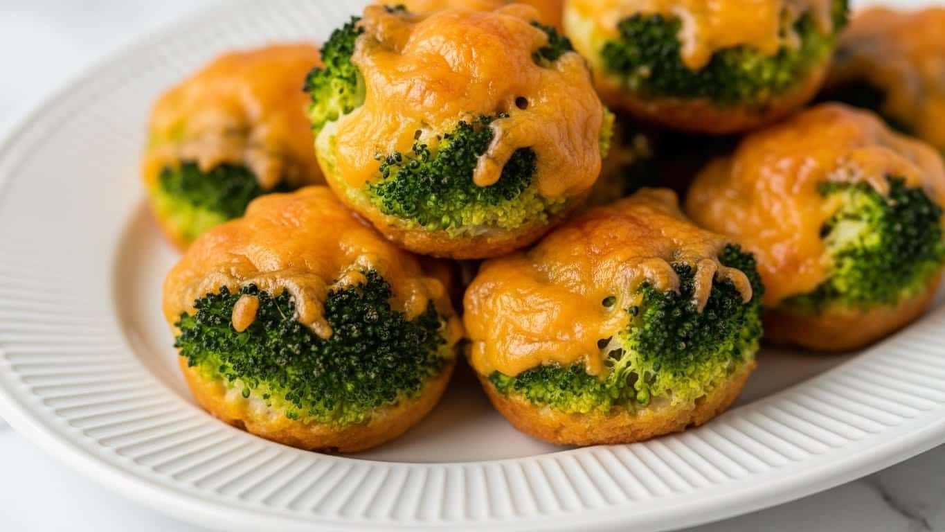 A close-up of small baked broccoli cheese bites piled on a white oval plate with a subtle ridged edge, each bite showing a textured green broccoli base mixed with melted golden-orange cheese that has a crispy, slightly browned top layer. The broccoli heads are visible through the cheese, giving a speckled green and orange appearance, with some areas showing bubbly melted cheese that adds a shiny finish. The plate is set on a white marbled surface, and the focus highlights the uneven round shapes of the bites with a background of more bites slightly blurred. photo taken with an iphone --ar 4:5 --v 7