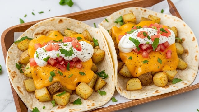 The dish shows two soft, slightly toasted tortillas placed in a wooden serving tray on a white marbled surface. Each tortilla has a base layer of light golden-brown roasted potato chunks, scattered and spread evenly. On top of the potatoes, there is a thick layer of melted bright orange cheddar cheese, creamy and gooey, dripping slightly. Over the cheese, there are dollops of white sour cream, with a sprinkle of small, diced pink tomatoes and finely chopped green herbs adding fresh color contrast. The dish is garnished with a light dusting of black pepper and some extra green herbs scattered around, giving it a fresh look. Photo taken with an iphone --ar 4:5 --v 7
