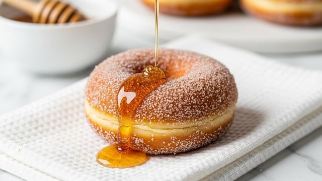 A close-up view of a single sugar-coated donut, golden brown with a rough texture from the sugar crystals, resting on a white textured cloth. Honey or syrup is slowly dripping from the donut, creating a shiny, thick amber layer that pools below it. In the background, there is a blurred white bowl with more honey or syrup and some out-of-focus donuts. The whole scene is set on a white marbled surface. photo taken with an iphone --ar 4:5 --v 7