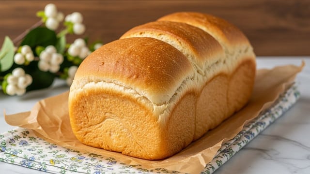 A golden-brown loaf of bread with a soft, fluffy texture sits on crinkled brown parchment paper, which is placed over a white floral cloth on a white marbled surface. The bread has a slightly uneven top with visible folds and a light creamy interior peeking out from the darker crust edges, showing its airy and tender inside. The loaf is rectangular with rounded corners and a firm crust that contrasts with the soft inside. In the background, there is a blurred arrangement of white berries and green leaves against a wooden backdrop, adding a fresh touch to the warm scene. photo taken with an iphone --ar 4:5 --v 7