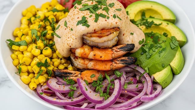 Grilled Shrimp Bowl with Corn Salsa & Creamy Garlic Sauce Recipe