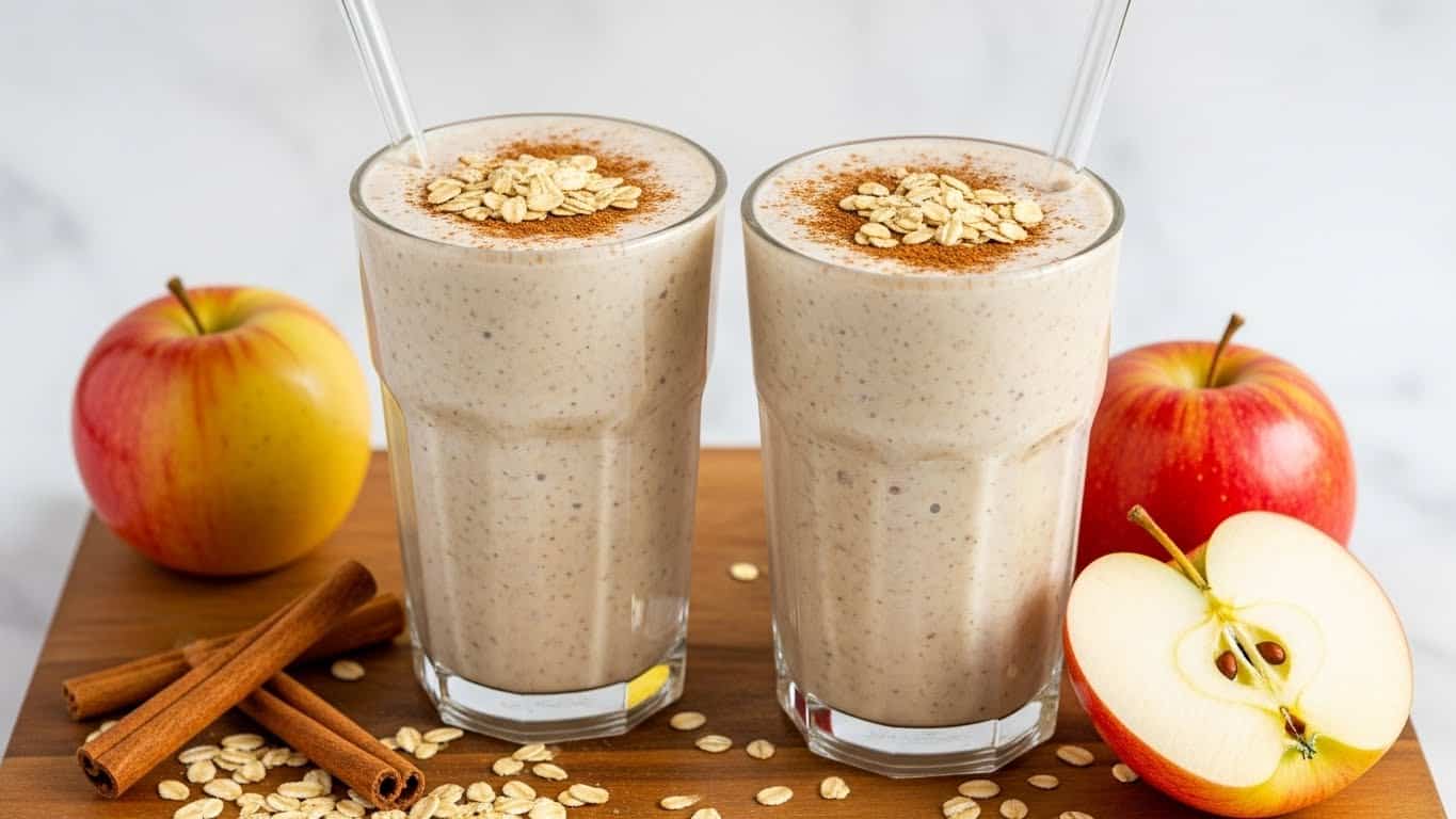 Two tall clear glasses filled with a creamy light beige smoothie with small brown specks, topped with a sprinkle of oats and cinnamon powder. Each glass has a transparent straw placed inside. The drinks sit on a wooden board that holds scattered oats, two cinnamon sticks, two whole red and yellow apples, and one apple cut in half showing its seeds. The background has a soft white marbled texture. photo taken with an iphone --ar 4:5 --v 7