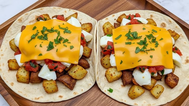 The image shows two soft corn tortillas laid flat on a wooden tray with a white marbled surface underneath. Each tortilla is filled with a base layer of golden-brown roasted potato chunks, topped with a generous layer of melted bright yellow cheddar cheese that covers the potatoes partially. On top of the cheese, there are small chunks of white egg whites and diced red tomatoes mixed with green herbs, adding color contrast. The dish is garnished with finely chopped fresh green parsley sprinkled evenly over the top. The warm colors and textures create a hearty and fresh look. Photo taken with an iphone --ar 4:5 --v 7