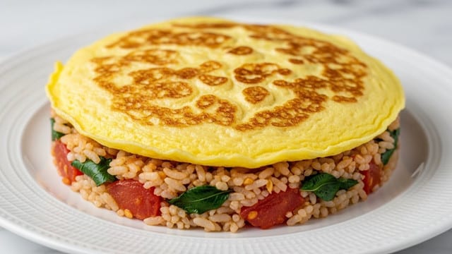 A white plate holds a two-layer dish with a textured white marbled surface underneath. The bottom layer consists of cooked rice mixed with tomato pieces and small green leaves, giving a mix of red, light brown, and green colors with a slightly moist texture. The top layer is a folded omelet with a smooth, pale yellow surface that has scattered toasted brown spots, slightly puffy and covering the rice mostly. The image is close-up and fills most of the frame with the food. Photo taken with an iphone --ar 4:5 --v 7