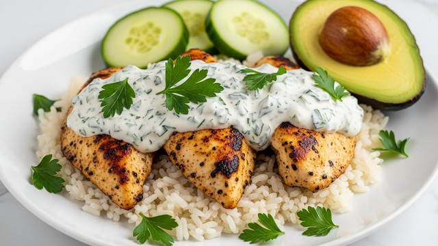 A white plate with a layer of fluffy white rice on the bottom, topped with three pieces of grilled chicken breast that have a golden-brown and slightly charred surface. On top of the chicken, there is a creamy white sauce with green herb pieces mixed in, spread unevenly. Fresh flat parsley leaves are scattered on top of the sauce and chicken for garnish. On the side of the plate, there are two cucumber slices and a quarter of avocado, both fresh and green. The whole scene is set on a white marbled surface. photo taken with an iphone --ar 4:5 --v 7