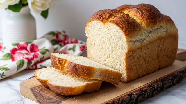 A loaf of bread with a soft white interior and a golden browned crust sits on a wooden cutting board with rough bark edges, resting on a white marbled surface. The bread is tall with a fluffy texture and a slightly uneven top risen with a deep golden brown crust. Two thick slices lie in front, showing the fluffy white inside contrasting with the light brown exterior. In the background, a white vase with white flowers and a floral cloth with red and pink blossoms add a cozy touch. photo taken with an iphone --ar 4:5 --v 7