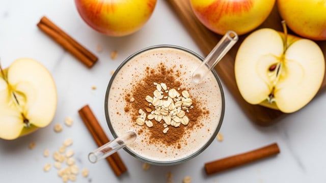 A close-up top view of a glass filled with a creamy light beige smoothie topped with a sprinkle of oats and cinnamon powder, a clear straw placed inside the glass, with whole and halved yellow-red apples on a wooden board around it, and scattered oats and cinnamon sticks nearby, all set on a white marbled surface. photo taken with an iphone --ar 4:5 --v 7