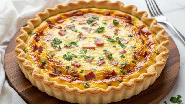 A round quiche with a golden brown, crimped crust forms the base and edge, held in a shallow tart pan. Inside, a creamy yellow egg mixture fills the center, studded with small pieces of pinkish-red ham and green herbs evenly spread throughout. The top is slightly browned in spots with a glossy, baked texture, and garnished with fresh chopped parsley scattered on the surface. The quiche rests on a dark wooden round board, placed on a white marbled surface with a white cloth and a metal fork nearby. Photo taken with an iphone --ar 4:5 --v 7