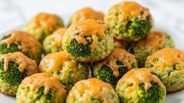 The image shows a close-up of a white plate filled with small, round broccoli cheese bites. Each bite has a rough, bumpy texture with visible green broccoli pieces mixed with melted, golden-brown cheese on the surface, giving a slightly crispy look. The cheese is scattered unevenly, with some spots more browned than others, creating a mix of yellow, orange, and light brown colors on the green broccoli base. The background features a blurred white marbled texture, adding a clean and bright contrast to the vibrant broccoli bites. Photo taken with an iphone --ar 4:5 --v 7