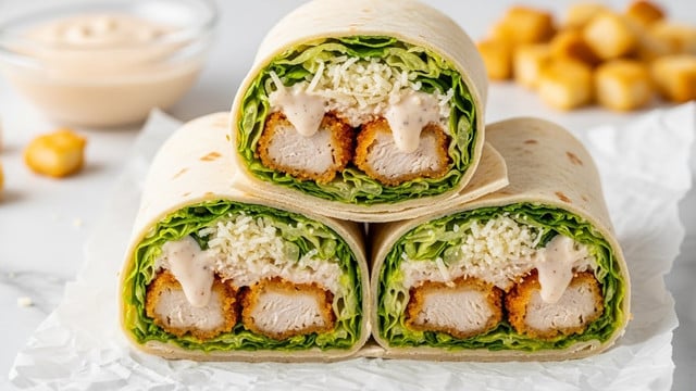 Six wraps are cut in halves and placed on white paper inside a white plate with black speckles, resting on a wooden board over a white marbled texture. Each wrap has a soft, lightly toasted beige tortilla outer layer, filled with chunks of grilled chicken, green lettuce, crispy brown croutons, and creamy white dressing, some topped with grated cheese. Around the wraps are golden brown croutons scattered inside and outside the plate. In the middle of the plate, there is a small glass bowl filled with thick light beige dressing with sprinkled black pepper. A metal grater with a wooden handle is near the bottom left corner, and a grey and white striped cloth is partly visible in the upper right corner. Photo taken with an iphone --ar 4:5 --v 7