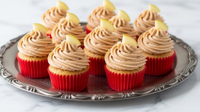 The image shows a group of small cupcakes placed on a silver tray with detailed edges. Each cupcake has a bright red liner and is topped with a light brown, smooth swirl of frosting, shaped like soft waves. On the top of each frosting swirl, there is a small piece of apple slice, adding a fresh look. The background is a white marbled surface, giving a clean, elegant feel. The cupcakes look soft and moist under the creamy frosting. photo taken with an iphone --ar 4:5 --v 7