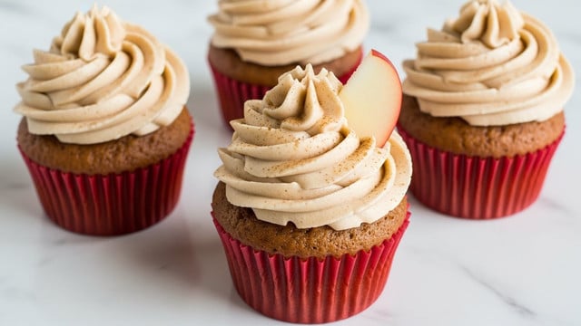 The image shows four cupcakes on a white marbled surface, each in a red cupcake liner. Each cupcake has one thick layer of light brown, smooth frosting swirled on top in a high, decorative swirl pattern, with some cinnamon or spice lightly sprinkled on the frosting. One cupcake in the center is garnished with a small slice of red apple nestled into the frosting swirl. The texture of the cupcake base looks soft and moist in a warm brown color. Photo taken with an iphone --ar 4:5 --v 7