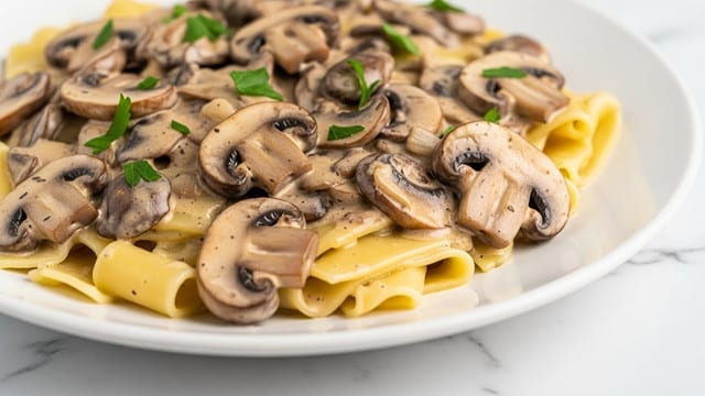 The image shows a close-up of a creamy mushroom pasta dish served on a white plate. The pasta is wide and flat, with a smooth, pale yellow color. It is coated in a thick, beige sauce mixed with large, sliced mushrooms that have a glossy texture and medium brown color. The sauce looks rich and creamy, evenly covering both the pasta and mushrooms. Small green parsley leaves are sprinkled on top, adding a touch of fresh color to the dish. The plate is set on a white marbled surface. photo taken with an iphone --ar 4:5 --v 7
