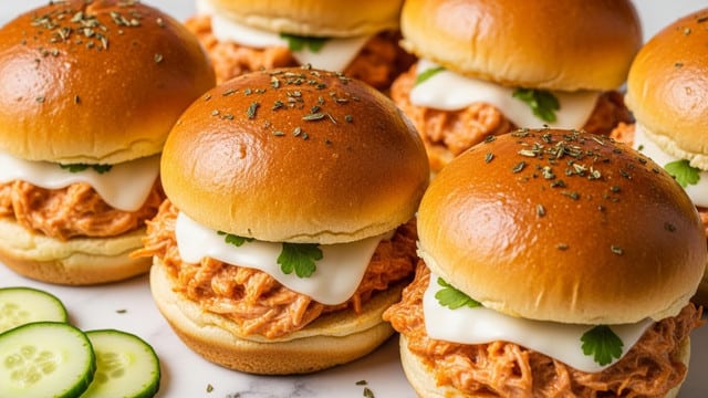 The image shows six small sandwiches arranged closely on a white marbled surface with some green cucumber slices on the side. Each sandwich has two golden-brown soft buns with a slightly crispy texture, sprinkled with herbs. Inside, there is a visible layer of shredded chicken mixed with a creamy reddish-orange sauce, topped with melted white cheese that peeks out from the sandwich edges. The sandwiches are garnished with small green herb pieces, adding a fresh touch. The lighting highlights the glossy, warm tones of the buns and the juicy filling, making the food look fresh and appetizing. Photo taken with an iphone --ar 4:5 --v 7