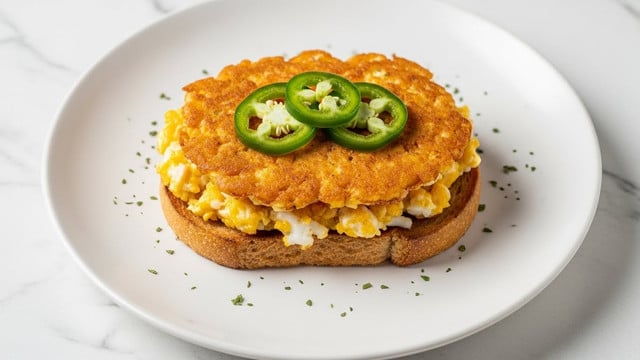 Two slices of a sandwich stacked on a white plate with a white marbled background. The sandwich has three main layers: the bottom layer is toasted white bread with a light golden crust, the middle layer contains chopped boiled eggs mixed with a creamy orange spread and finely chopped green herbs, and the top layer has slices of green jalapeños and more of the egg spread, slightly browned from toasting, creating a textured golden and white mix. Some small green herb pieces are scattered on the plate around the sandwich. photo taken with an iphone --ar 4:5 --v 7