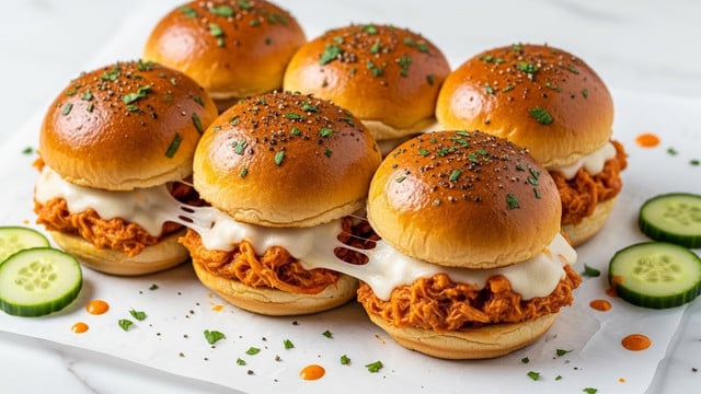 A set of seven round sandwich sliders placed closely together on a sheet of parchment paper on a white marbled surface, each slider topped with a shiny golden-brown brioche bun sprinkled with chopped fresh green herbs and black pepper. Between the buns, layers of shredded, saucy chicken mixed with melted white cheese can be seen oozing out, creating stringy cheese pulls between some sliders. Next to the sliders, there are a few slices of fresh, green cucumber and small splashes of orange sauce on the paper. photo taken with an iphone --ar 4:5 --v 7