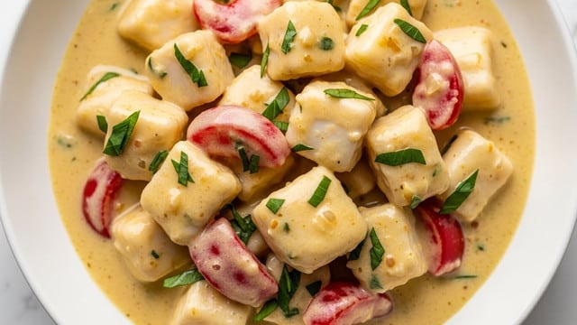 The image shows a creamy dish with chunks of white seafood and bright red pieces mixed in a thick light yellow sauce that looks rich and smooth. The sauce has small green herb pieces scattered on top and throughout, adding a fresh touch. The seafood pieces are varied in size and partially coated by the sauce, which covers most of the dish. The food is served in a white bowl, and the background has a white marbled texture. photo taken with an iphone --ar 4:5 --v 7