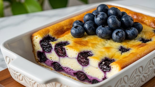 A close-up view of a baked dessert in a rectangular white ceramic dish with patterns on the sides, placed on a wooden board. The dessert has three visible layers: a golden-brown top crust with a slightly puffed and textured surface, a creamy white custard layer underneath that looks soft and smooth, and a layer of dark purple baked blueberries spread unevenly within the custard. On top of the dessert, there is a small heap of fresh, plump blueberries with a glossy surface. The background shows a blurred green plant, all on a white marbled textured surface. Photo taken with an iphone --ar 4:5 --v 7