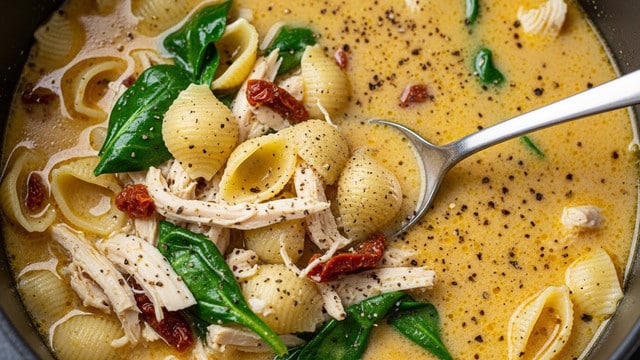 The image shows a creamy soup filled with pieces of shredded white chicken, small round pasta shells, bright green spinach leaves, and small bits of red sun-dried tomatoes. The soup has a rich, pale yellow broth with a slightly thick texture and is sprinkled with ground black pepper. A silver spoon is dipped into the soup, adding a shiny metallic touch to the warm, thick mixture. The background is a black pot that contrasts with the creamy soup. Photo taken with an iphone --ar 4:5 --v 7