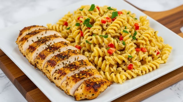 A white square plate holds a serving of creamy rotini pasta topped with finely chopped herbs and small red pepper bits, giving a mix of yellow, green, and red colors with a smooth and slightly glossy texture. On the left side of the plate, there are five slices of grilled chicken breast with a golden-brown crust, sprinkled with herbs and spices, layered neatly in a row. The plate is placed on a wooden cutting board, which is set on a white marbled textured surface. Photo taken with an iphone --ar 4:5 --v 7
