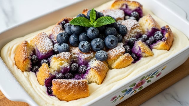 A close-up view of a baked dessert in a white rectangular dish with floral patterns, placed on a wooden board over a white marbled surface. The dessert has three visible layers: the bottom creamy white layer that looks smooth and soft, the middle layer shows golden-brown baked bread pieces unevenly soaked in the creamy layer, and the top layer has scattered dark purple blueberries both inside the bread pieces and a pile of fresh blueberries with green mint leaves in the center. The surface is dusted lightly with powdered sugar, creating a slight frosty texture. Photo taken with an iphone --ar 4:5 --v 7
