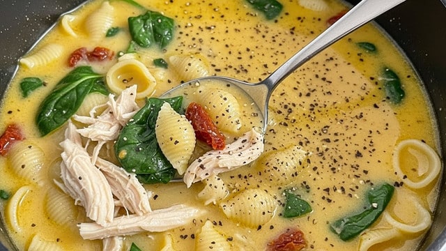A close-up view of a creamy soup in a white bowl showing three main layers: the creamy light orange broth with specks of red pepper flakes and herbs as the base layer; soft yellow shell pasta floating on the surface with a smooth ridged texture; shredded white chicken meat scattered evenly within the soup, mixed with dark green leafy spinach pieces; dried red tomato bits on top adding contrast and detail. A silver spoon lifts a portion including pasta, chicken, spinach, and dried tomato pieces. The background has a white marbled texture. photo taken with an iphone --ar 4:5 --v 7