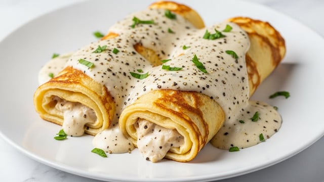 Two rolled crepes lie side by side on a white plate, each covered with a creamy white sauce speckled with black pepper and small green herbs. The crepes are golden brown on top with slight crisp edges, forming the outer layer, while the inner layers show soft, creamy filling visible at the ends and oozing slightly onto the plate. Bits of chopped green herbs are scattered on top and around the sauce, adding a fresh contrast. The plate sits on a white marbled surface. photo taken with an iphone --ar 4:5 --v 7