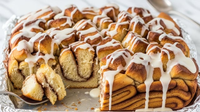 The image shows a square baking pan lined with foil, filled with a cinnamon pull-apart bread dessert that has been cut to reveal its inside layers. The bottom layer is a soft, golden-brown dough with swirls of cinnamon, topped by many irregularly shaped, thick bread pieces that are toasted and golden. A thick white glaze with a slightly shiny texture is drizzled generously over the whole dessert, pooling slightly at the bottom and coating all the bread pieces. A silver fork holds a piece of the bread near the cut-out section. The background is a white marbled texture with a blurred silver spoon in the back. photo taken with an iphone --ar 4:5 --v 7
