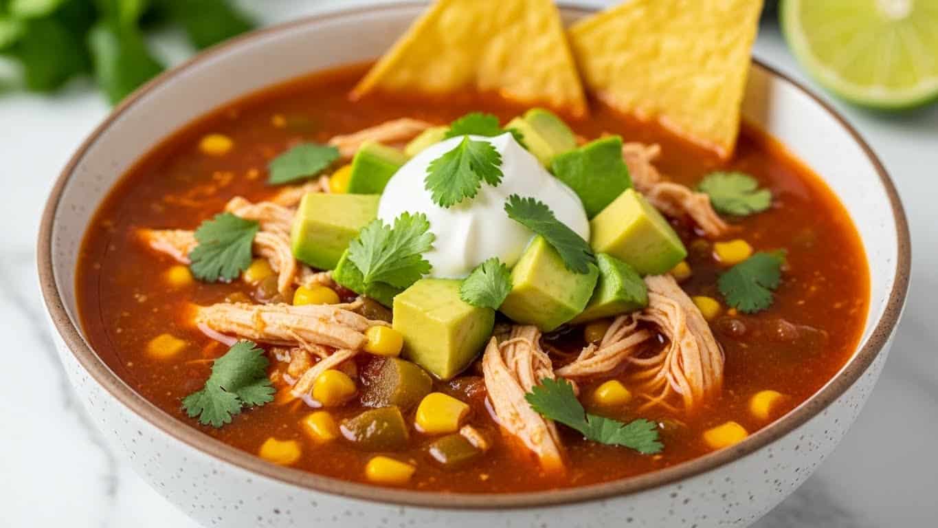A bowl filled with rich red-brown chicken soup showing shredded white chicken pieces floating in the broth, with small yellow corn kernels and green pepper bits mixed throughout. On top, there are bright green avocado cubes, a dollop of white sour cream, and chopped fresh green cilantro sprinkled evenly. Two crispy yellow tortilla chips stand upright on one side of the bowl. The bowl is white with a speckled brown rim, sitting on a white marbled surface with a blurred green garnish and lime half in the background. Photo taken with an iphone --ar 4:5 --v 7
