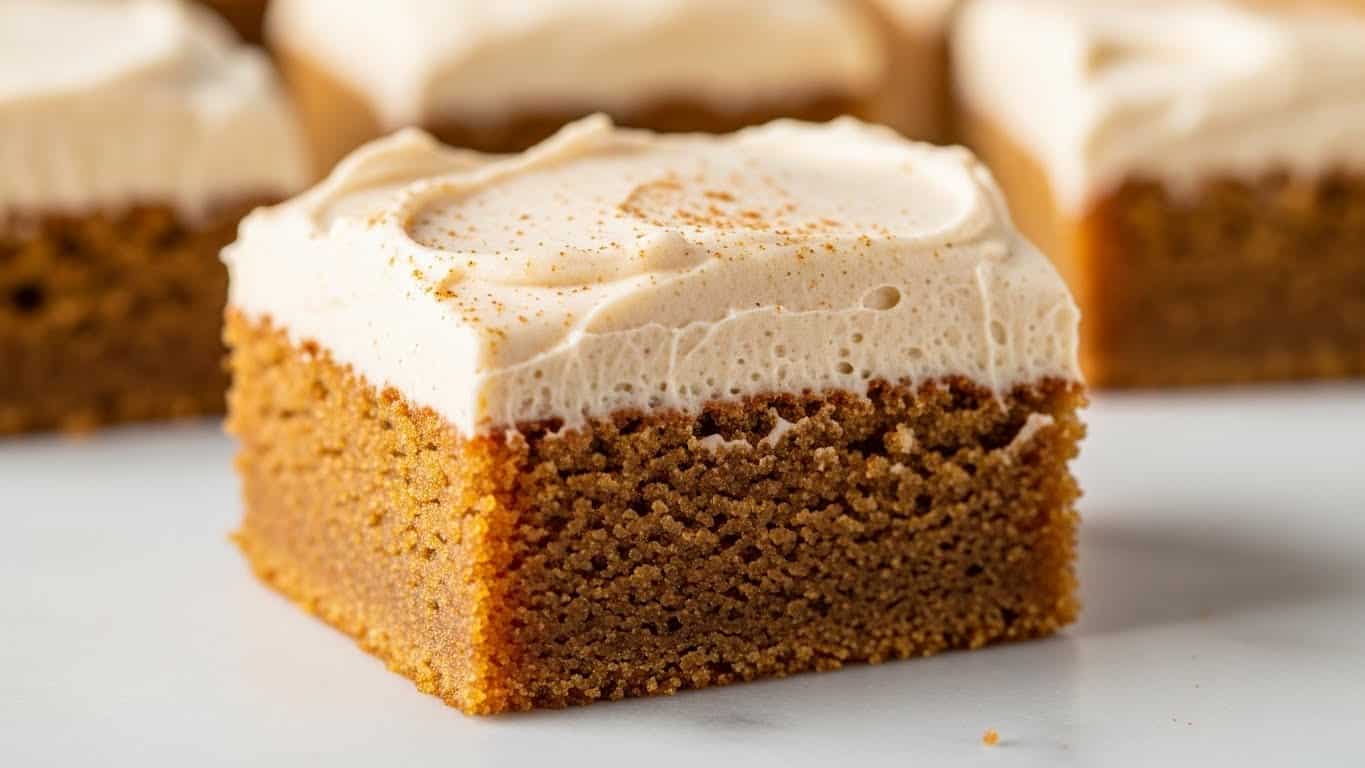 A close-up of a square piece of cake with two clear layers, the bottom layer is thick and moist with a rough texture and a warm brown color, while the top layer is a thick, creamy frosting in a light beige shade, spread smoothly with small peaks and lightly dusted with a bit of spice on top; the cake sits on a white marbled surface with a few more pieces blurred in the background. photo taken with an iphone --ar 4:5 --v 7
