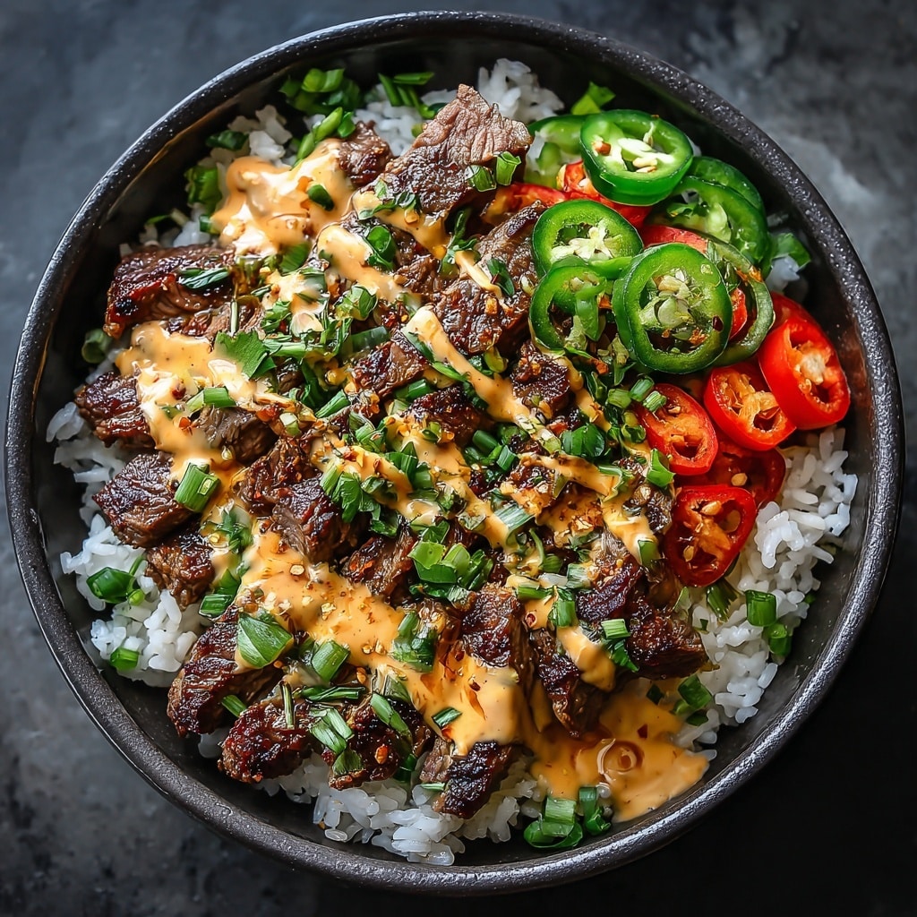 Korean BBQ Steak Rice Bowls with Spicy Cream Sauce Recipe - Recipe Image
