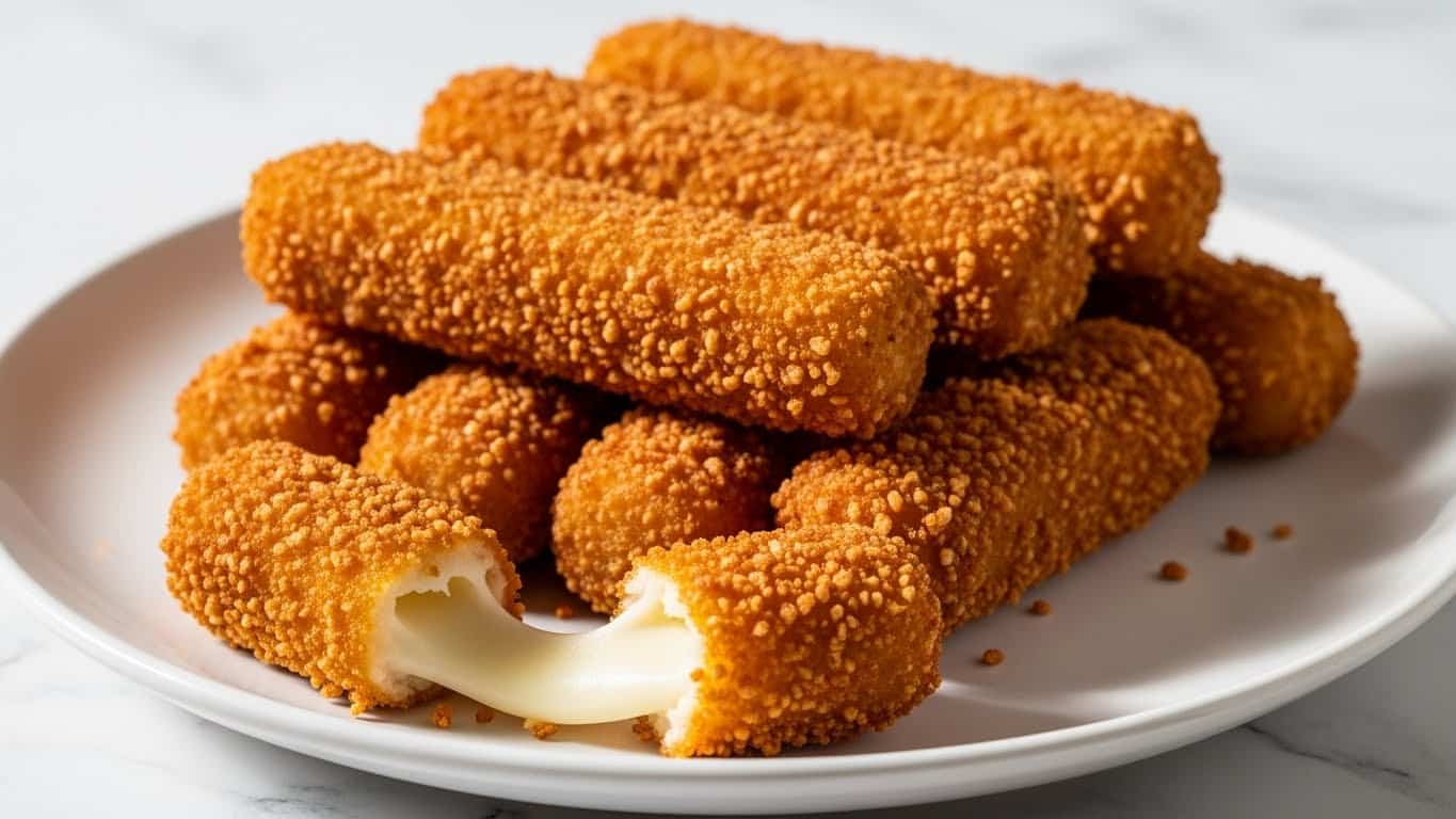 A white plate holds a pile of golden brown fried cheese sticks, each coated in a crispy textured breading that shows small crunchy bits. The sticks are arranged in a slightly stacked way, with one stick at the front broken open to show the melted white cheese inside. The background surface is a white marbled texture with soft, natural light illuminating the food, making the crunchy coating shine and highlighting the gooey cheese inside. photo taken with an iphone --ar 4:5 --v 7