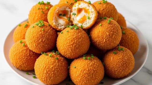 The image shows a white plate filled with golden-brown fried cheese balls piled high in a loose heap. Each cheese ball has a crispy, textured outer layer with an even orange-golden color, and one cheese ball is cut open near the top center to reveal a soft, creamy white interior with a slight orange tint. Small pieces of bright green chopped chives are sprinkled over the cheese balls, adding a fresh contrast of color. The scene is set on a white marbled surface with soft lighting that highlights the crunchy texture and creamy inside of the cheese balls. photo taken with an iphone --ar 4:5 --v 7