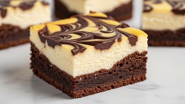 Two stacked dessert squares have three layers; the bottom and top layers are dark brown and fudgy with a cracked, shiny surface texture, while the middle layer is creamy, smooth, and pale yellowish-white. The bottom square rests on a white marbled surface with some crumbs around it, and in the background, more pieces of the same dessert are slightly blurred on a white plate. The light highlights the shiny cracks on the top layer, making the textures clear and rich. Photo taken with an iphone --ar 4:5 --v 7