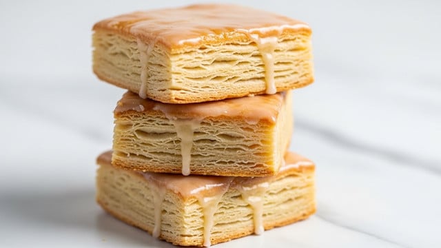A stack of three square pastries sits on a white marbled surface. Each pastry has multiple thin layers of golden brown, flaky dough visible at the sides, with a shiny light glaze covering the top and dripping slightly down the edges. The layers look crisp and delicate, and the glaze gives a glossy, slightly wet appearance, making the pastries look fresh and sweet. The stack is uneven but neatly arranged, emphasizing the texture and layers. photo taken with an iphone --ar 4:5 --v 7