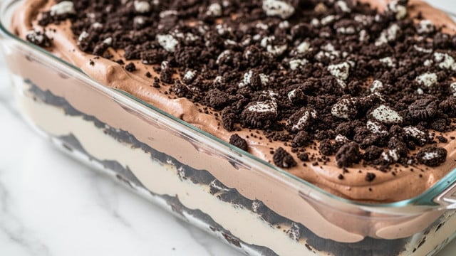 A close-up view of a two-layer chocolate dessert on a white plate with a white marbled texture background. The bottom layer is a rich, moist, dark brown chocolate cake with a slightly glossy and dense texture. The top layer is thick, light brown chocolate mousse with a smooth, creamy texture, generously dotted and topped with large chunks of dark chocolate cookie pieces that add a crumbly contrast. The mousse slightly drips over the cake edges, showcasing its softness and creaminess. Photo taken with an iphone --ar 4:5 --v 7