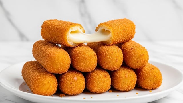 A white plate holds a stack of eight golden-brown crispy fried mozzarella sticks with a rough, crumbly texture. The sticks are arranged in two layers, with five on the bottom and three on top, one of which is broken open to show melted, gooey white cheese stretching inside. The background features a white marbled texture, and soft natural light highlights the crunchy coating and cheese detail. photo taken with an iphone --ar 4:5 --v 7
