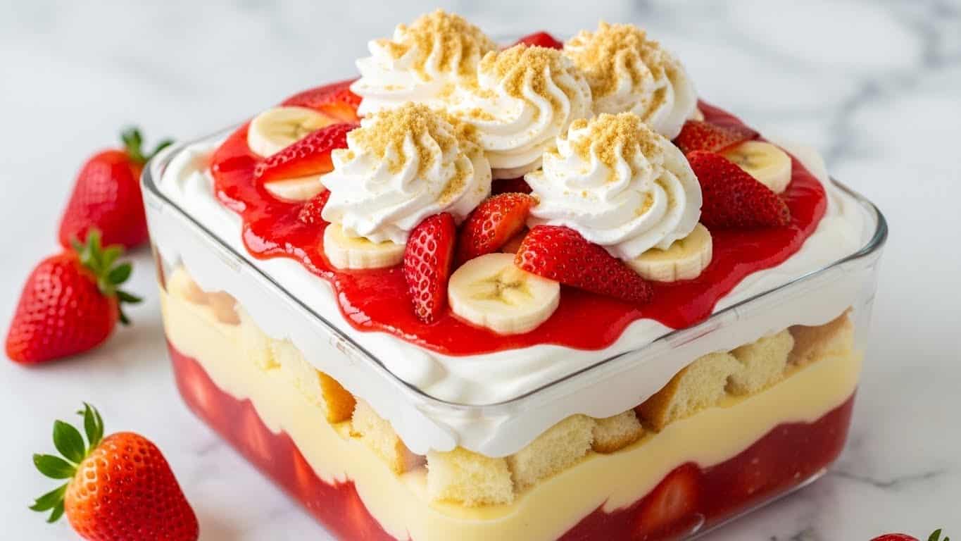 A close-up of a square glass dish holding a layered dessert with four visible layers: the bottom layer is a crumbly light brown crust, followed by a thick creamy white layer with pieces of sliced strawberries inside; above it is a glossy red strawberry sauce layer, and the top layer consists of creamy white frosting with banana slices, whole strawberries, and small round brown cookies placed on top. The dessert looks juicy with sauce dripping slightly on the side, and the background shows a blurred white marbled texture surface. Photo taken with an iphone --ar 4:5 --v 7