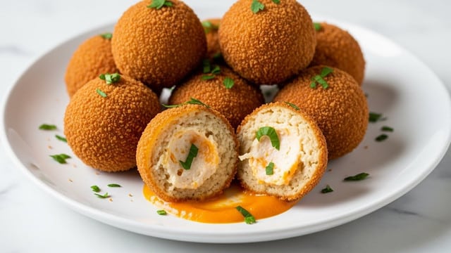 A white plate holds a pile of round, golden-brown fried balls with a crispy outer layer. One ball is cut open, showing a soft white and slightly orange filling inside, with a smooth texture. Small green chopped herbs are sprinkled on top and around the balls, adding a fresh contrast. There is a small amount of orange sauce pooling underneath the balls on the plate. The surface under the plate is a white marbled texture. photo taken with an iphone --ar 4:5 --v 7