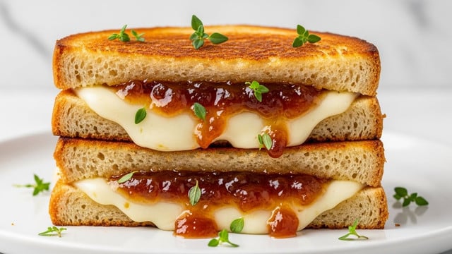 A close-up image of a stacked sandwich showing three layers of toasted seeded bread with a golden brown, crispy texture. Between each bread slice, there are thick, melted white cheese slices and gooey, amber-colored caramelized onion jam dripping slightly on the sides. The sandwich stack is garnished with fresh green thyme sprigs on top and placed on a white marbled surface. Photo taken with an iphone --ar 4:5 --v 7