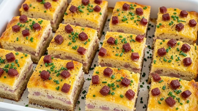 The image shows a close-up of a baking tray filled with neatly arranged square pieces of a layered dish. Each piece has a golden-brown top layer that looks crispy with melted white cheese bubbling on the surface. Small green chopped herbs, most likely chives, are sprinkled evenly over every square. Below the cheese layer, a middle layer of light pink meat, likely ham, is visible. The base layer appears to be a soft, slightly browned bread or dough. The tray sits on a white marbled texture, and the pieces are aligned in rows, creating a uniform and appetizing look. Photo taken with an iphone --ar 4:5 --v 7