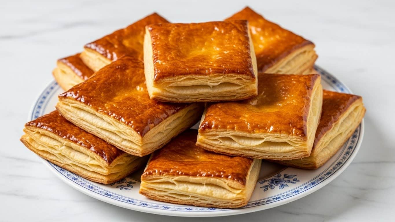 A stack of eight square pastries with a golden brown, shiny, and flaky crust sits on a white plate with a blue floral pattern along the rim. Each pastry shows layers with a puffed, slightly crisp texture on the surface and edges, reflecting light from a glaze or syrup coating. The pastries overlap each other in a loose pile, with some edges slightly browned more than others, emphasizing their baked, airy quality. The whole plate rests on a white marbled surface. photo taken with an iphone --ar 4:5 --v 7