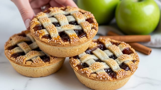 The image shows three small lattice-topped pies stacked on a white marbled surface. Each pie has a golden-brown crust with a shiny, slightly rough texture from sugar sprinkles. The lattice pattern on top reveals a dark, glossy filling inside. Behind the pies, there is a green apple and a cinnamon stick, adding color contrast with their smooth green and rustic brown textures, respectively. A woman's hand is partially visible near the top left, gently touching one of the pies. The light is soft, making the crusts look warm and freshly baked. photo taken with an iphone --ar 4:5 --v 7