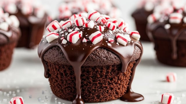 A close-up of a rich chocolate muffin with one main layer of dark brown, soft, and moist cake texture, topped with glossy dark chocolate glaze that drips down the sides. On top of the glaze, there are chunky white and red striped peppermint candy pieces scattered generously, adding a crunchy texture and festive look. The muffin sits directly on a white marbled surface with some sparkling sugar crystals sprinkled around. The blurred background shows more muffins with similar toppings. photo taken with an iphone --ar 4:5 --v 7