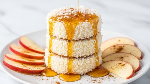 A white plate holds a pile of round, light yellow balls that have a moist and soft texture, each covered with small white flakes and a dusting of fine brown powder evenly spread on top. One ball is held up in front, showing a bit of bite taken out of it, revealing a spongy, airy inside. The plate is on a white marbled surface, and in the background, there are blurred red apples adding a touch of color. photo taken with an iphone --ar 4:5 --v 7